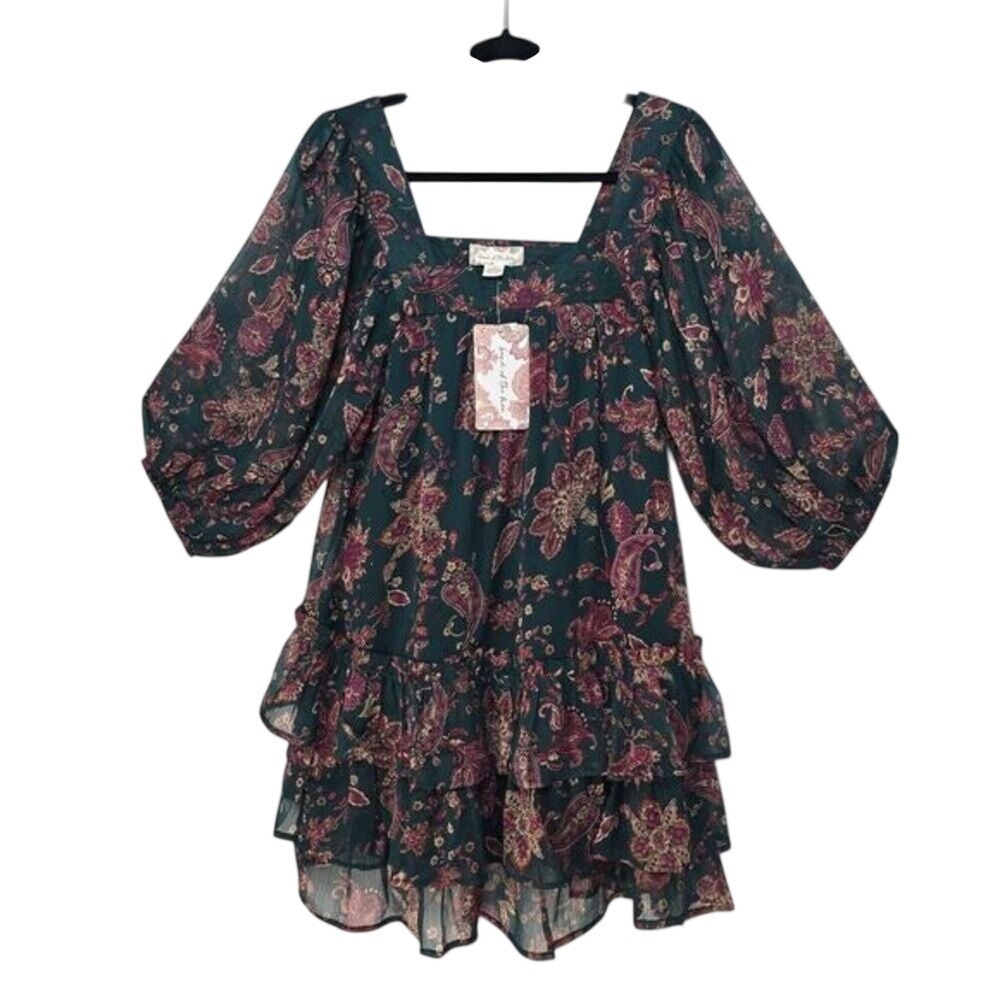 Band of the Free Tiered Mini Dress Women XS Pine Berry Paisley Floral Boho NWT